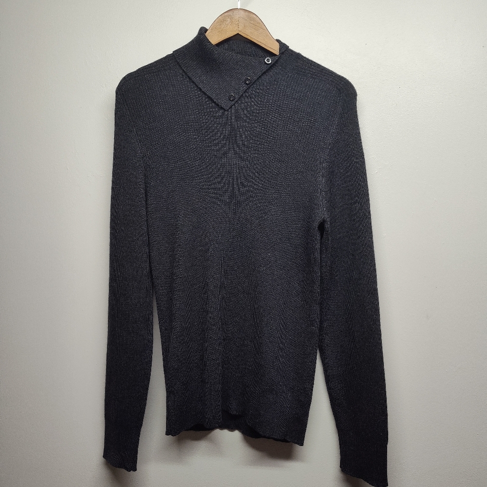 Gucci Wool Pullover Sweater Men L Gray Ribbed Slim Fit High Neck Preppy Workwear